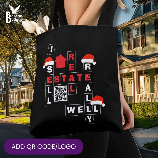 CHRISTMAS Real Estate SELL REALLY WELL QR Realtor (Fun Realtor I SELL REAL ESTATE REALLY WELL Christmas tote bag with crossword and custom QR code/logo)