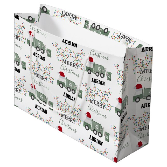 Christmas Recycling Garbage Truck Custom Name  Große Geschenktüte (Vorderseite Schrägansicht)