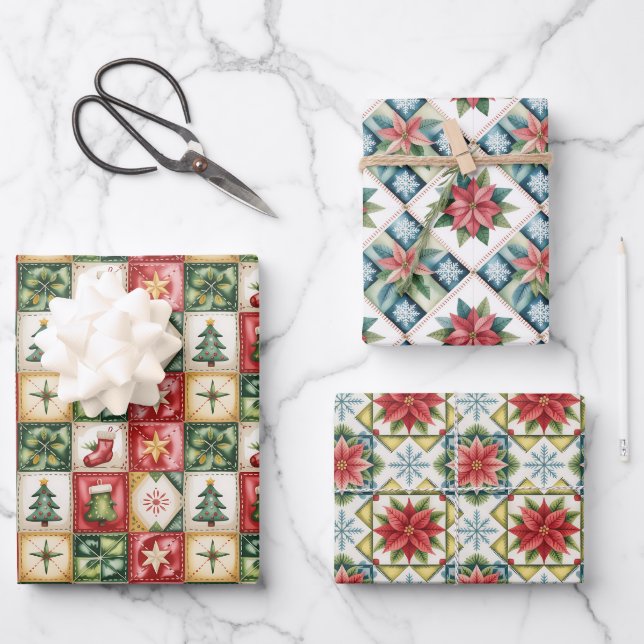 Christmas Red and Green Classic Patchwork Pattern  Geschenkpapier Set (Vorderseite)
