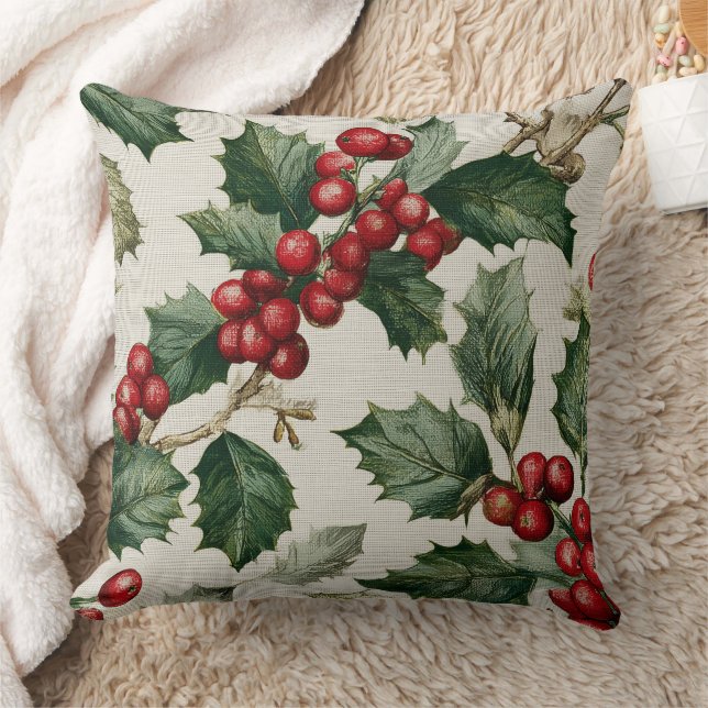 Christmas Red Berry Holly On Faux Linen Kissen (Decke)