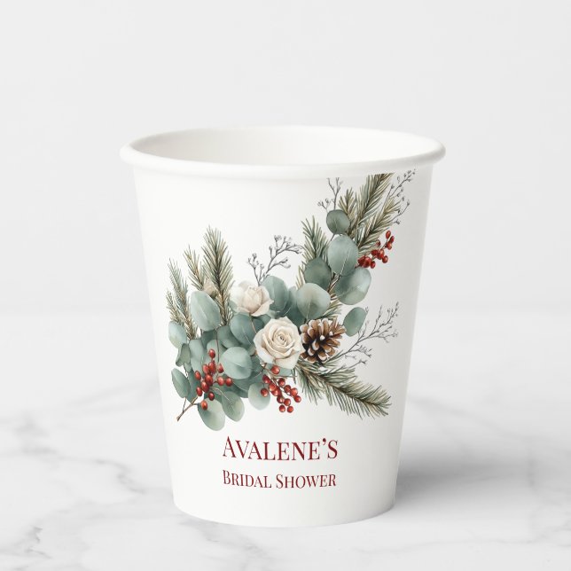 Christmas Red Berry White Rose Brautparty Pappbecher (Vorderseite)