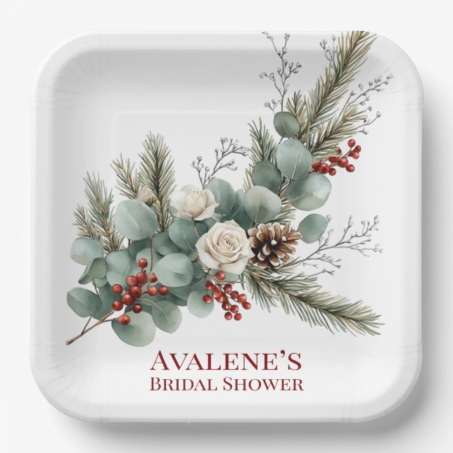 Christmas Red Berry White Rose Brautparty Pappteller (Vorderseite)