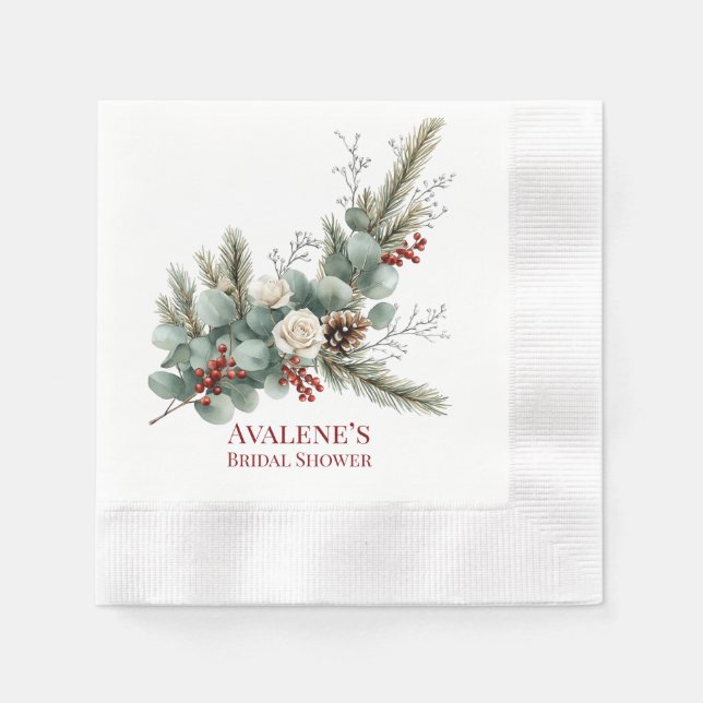 Christmas Red Berry White Rose Brautparty Serviette (Vorderseite)