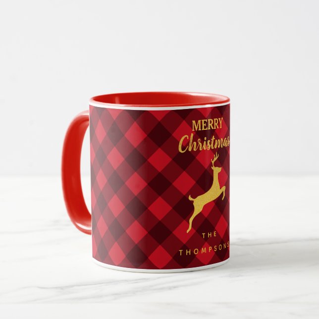 Christmas Red Black Buffalo Kariert Rentier Family Tasse (Vorderseite Links)
