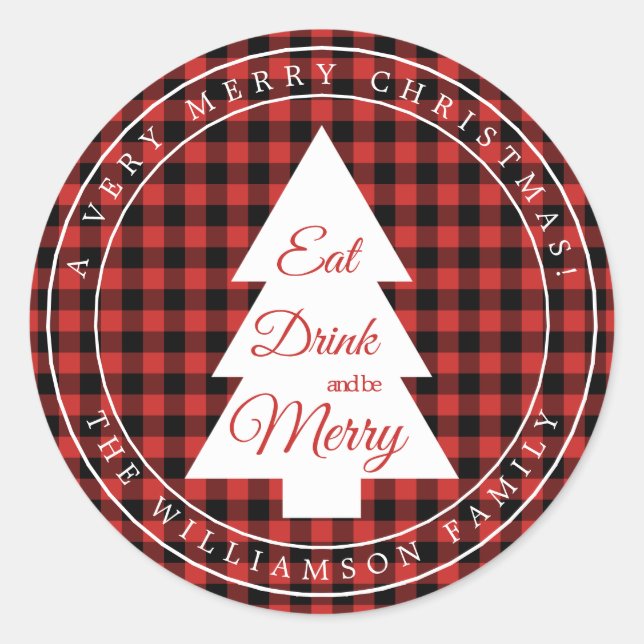 Christmas Red Black Gingham Pattern Umschlag Aufkl Runder Aufkleber (Vorderseite)