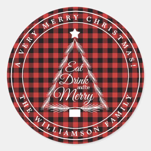 Christmas Red Black Gingham Pattern Umschlag Aufkl Runder Aufkleber (Vorderseite)