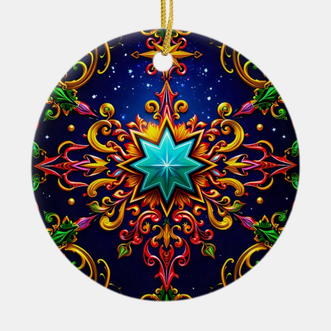 CHRISTMAS Red Blue Gold Green 3D Star ~ Keramik Ornament (Vorne)