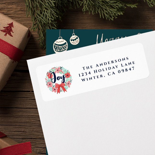 Christmas Red Bow Wreath Blue Joy Address Label (Von Creator hochgeladen)