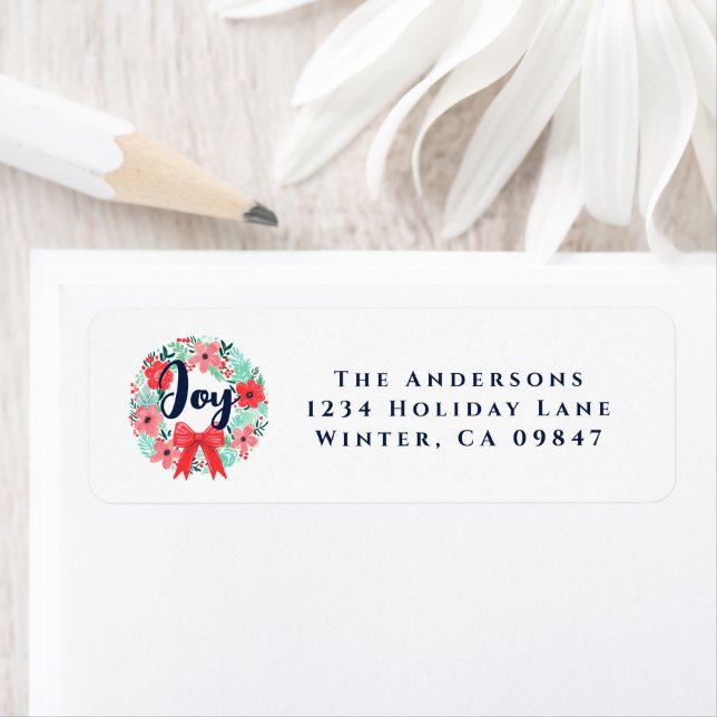 Christmas Red Bow Wreath Blue Joy Address Label (Insitu)