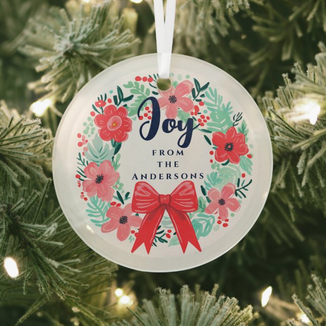 Christmas Red Bow Wreath Blue Joy Ornament Aus Glas (InSitu)