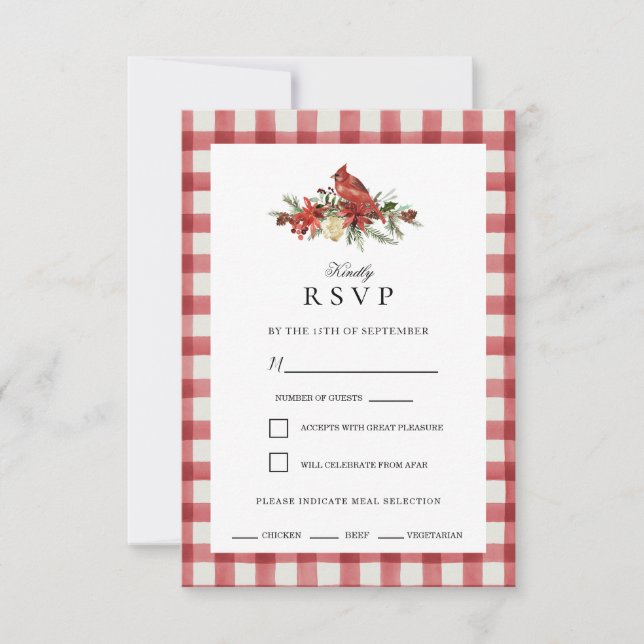 Christmas Red Buffalo Karo Kardinal RSVP Karte (Vorderseite)