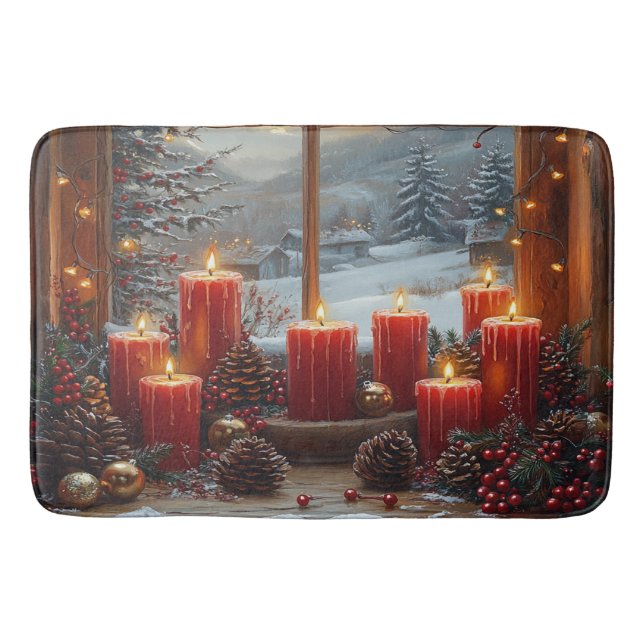 Christmas Red Candles Pine Cones Winter View  Badematte (Vorderseite)