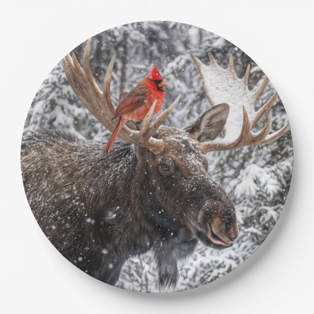 Christmas Red Cardinal On Snowy Moose Antlers Pappteller (Vorderseite)