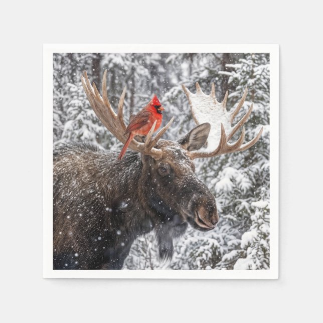 Christmas Red Cardinal On Snowy Moose Antlers Serviette (Vorderseite)
