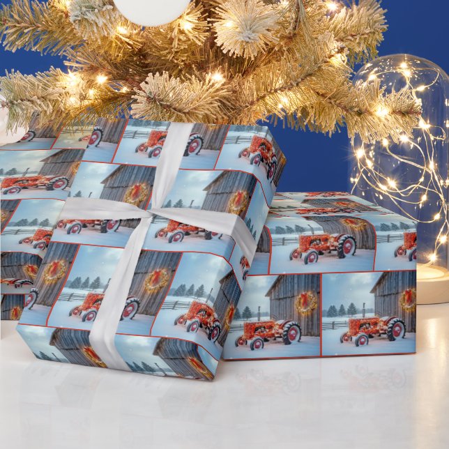 Christmas Red Farm Tractor In Snow Geschenkpapier (Feiertage)