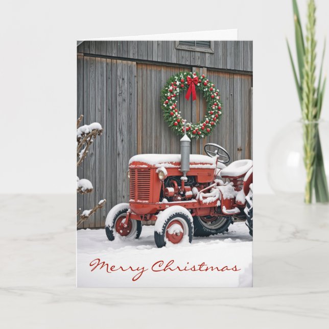 Christmas Red Farm Tractor In Snow Karte (Vorderseite)