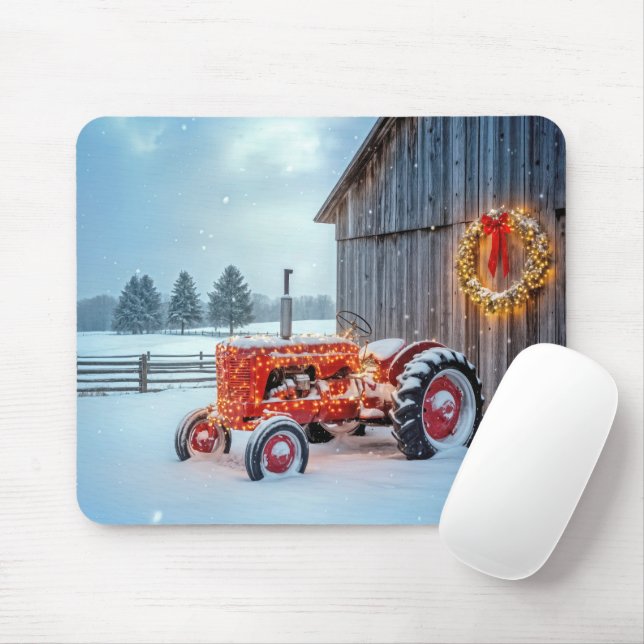 Christmas Red Farm Tractor In Snow Mousepad (Mit Mouse)