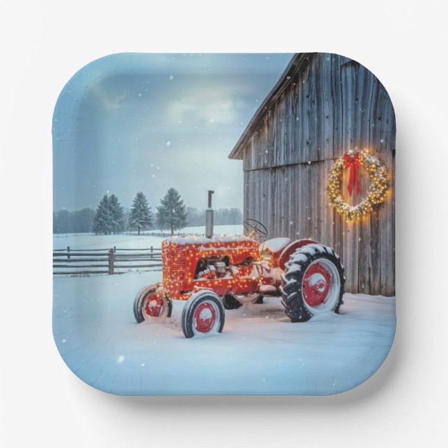 Christmas Red Farm Tractor In Snow Pappteller (Vorderseite)