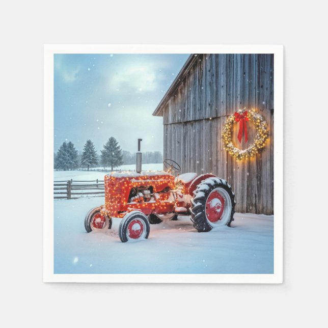 Christmas Red Farm Tractor In Snow Serviette (Vorderseite)
