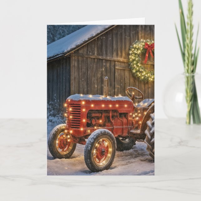 Christmas Red Farm Tractor With Glowing Wreath Karte (Vorderseite)