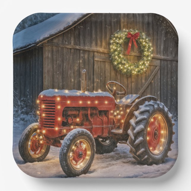 Christmas Red Farm Tractor With Glowing Wreath Pappteller (Vorderseite)