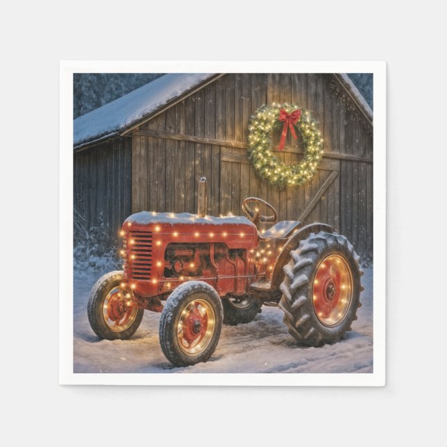 Christmas Red Farm Tractor With Glowing Wreath Serviette (Vorderseite)