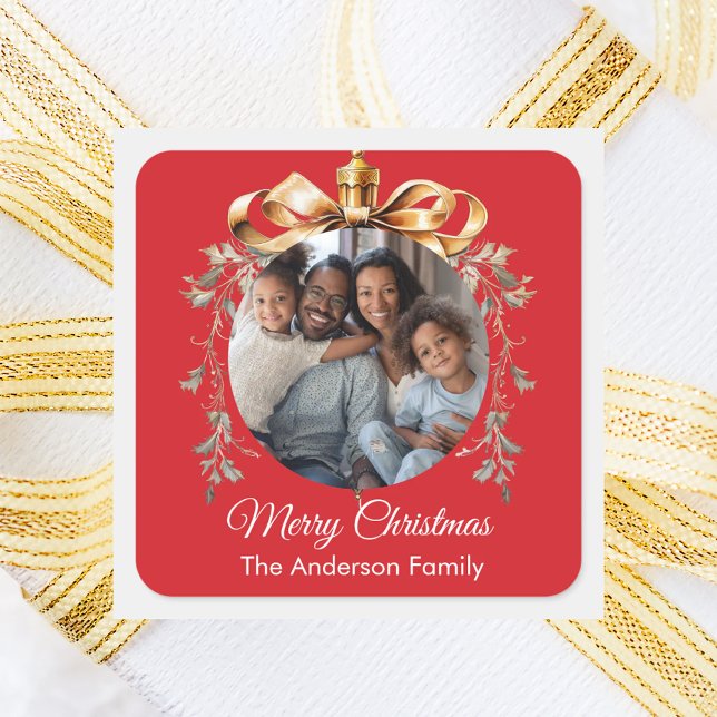 Christmas red gold bauble family photo quadratischer aufkleber (Von Creator hochgeladen)