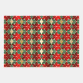 Christmas Red Gold Green Geometric Harlequin Geschenkpapier Set