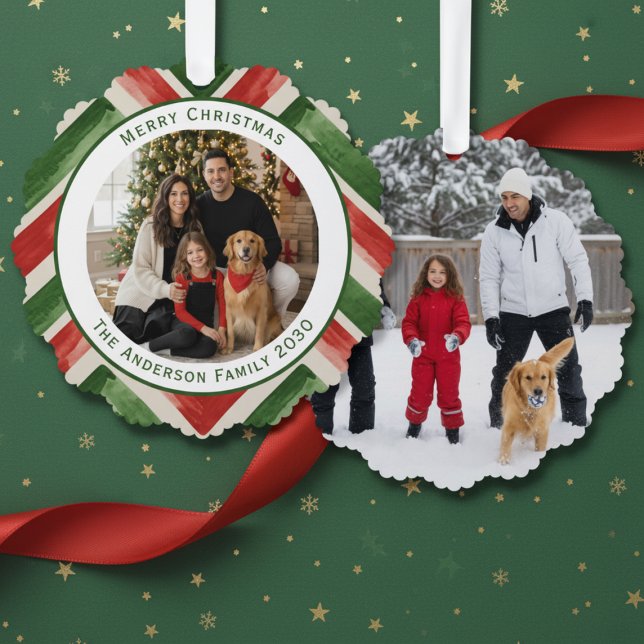 Christmas Red Green Chevron Easy 2 Photos Ornament Karte (Von Creator hochgeladen)