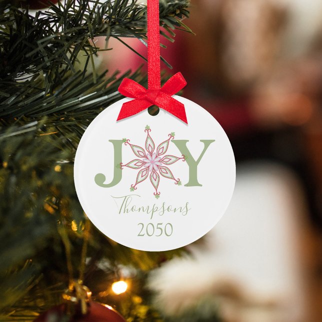 Christmas Red Green Foto Joy Typografy Ornament (Christmas holiday Joy typography with a colorful pink, red, and green whimsical snowflake. )
