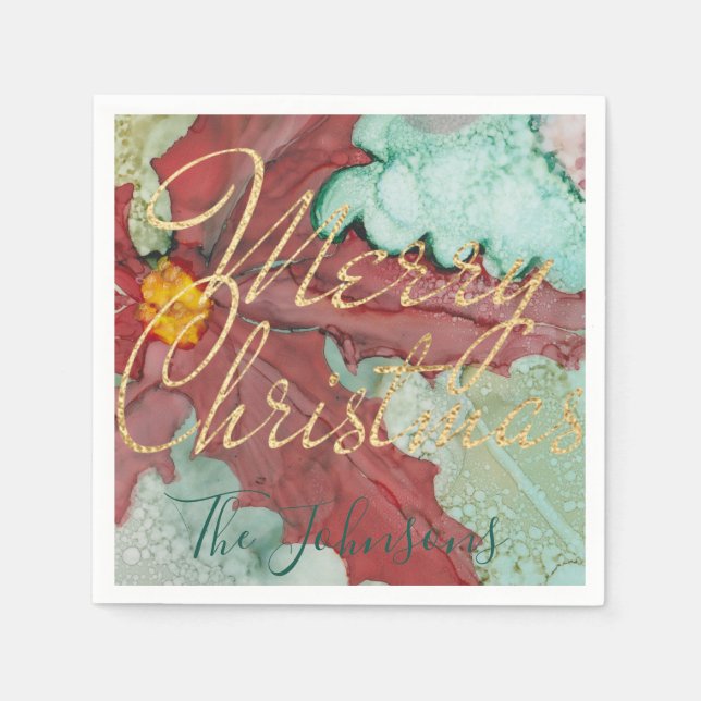 Christmas Red Green Gold Pointsettia Serviette (Vorderseite)