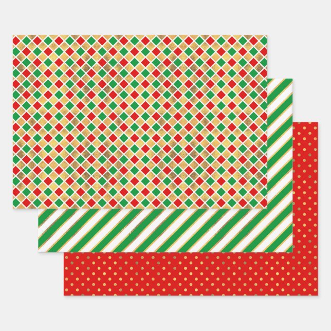 CHRISTMAS RED GREEN GOLD URLAUB PATTERNS GESCHENKPAPIER SET (Set)
