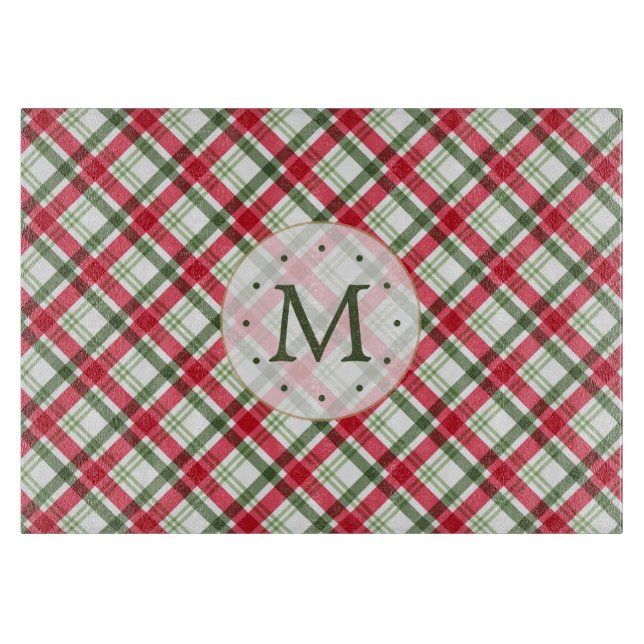 Christmas Red Green Kariert Monogram Schneidebrett (Vorderseite)