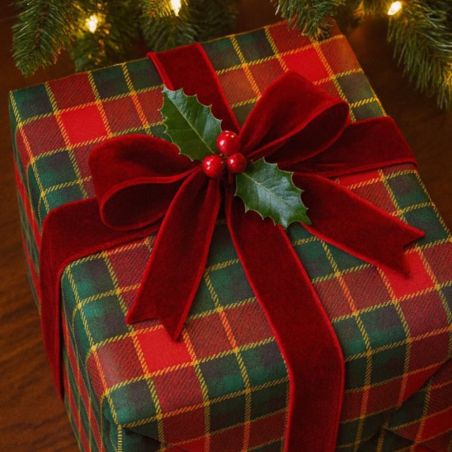 Christmas Red Green Tartan Glossy Holiday  Geschenkpapier (Wrapped in tartan and velvet, this gift glows with holly charm beneath twinkling Christmas lights.)