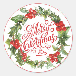 Christmas Red Green Wreath Holly Ivy Typografie Runder Aufkleber