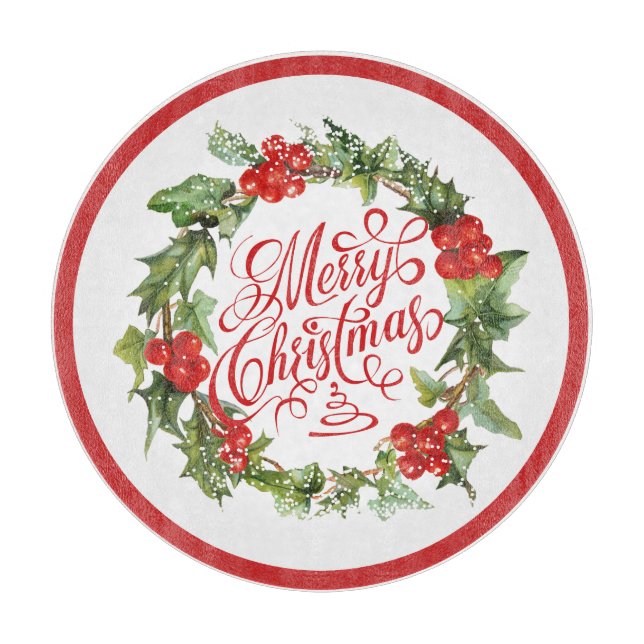 Christmas Red Green Wreath Holly Ivy Typografie Schneidebrett (Vorderseite)