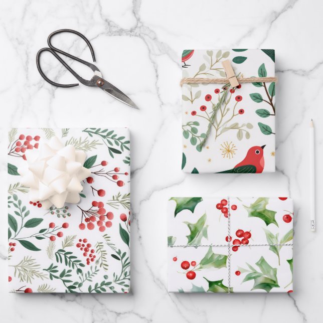 Christmas Red Holly Berries Geschenkpapier Set (Vorderseite)
