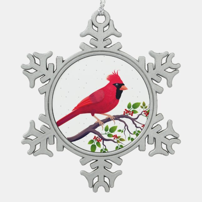 Christmas Red Kardinal Bird Schneeflocken Zinn-Ornament (Vorderseite)