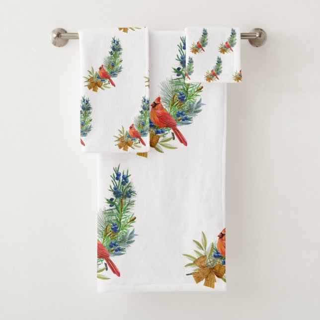 Christmas Red Kardinal Blue Berries Watercolor Badhandtuch Set (Insitu)