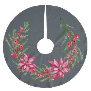 Christmas Red Poinsetta Berries Wreath Off Black Polyester Weihnachtsbaumdecke