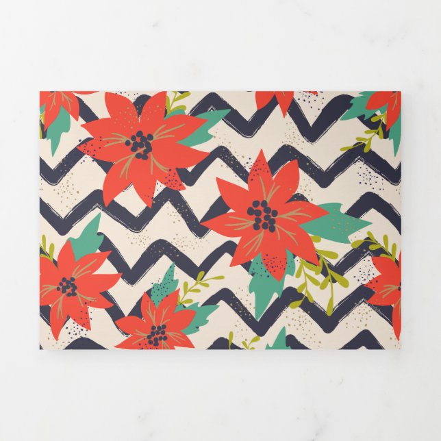 Christmas Red Poinsettia Black & White Zickzack Dreifach Gefaltete Urlaubskarte (Cover)