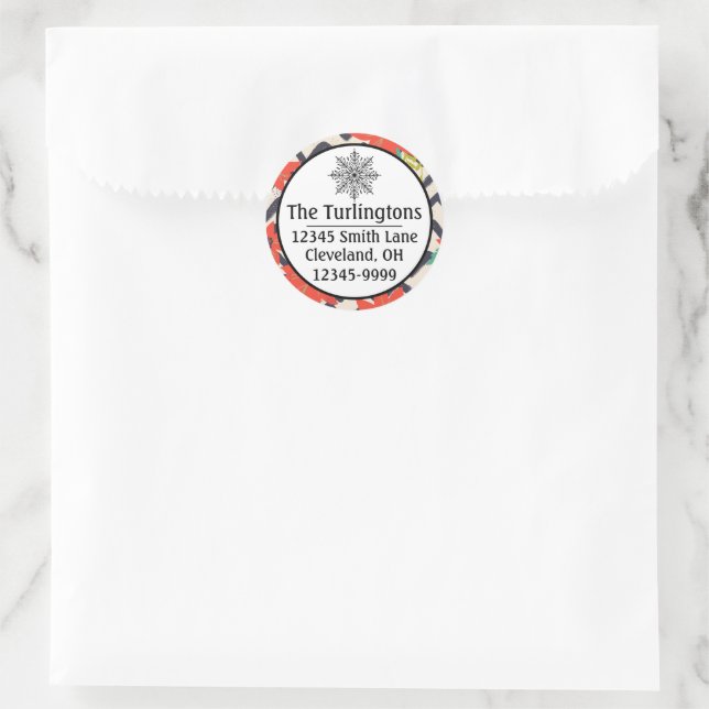 Christmas Red Poinsettia Black & White Zickzack Runder Aufkleber (Tasche)