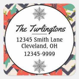 Christmas Red Poinsettia BlackWhite Rücksendeadres Quadratischer Aufkleber