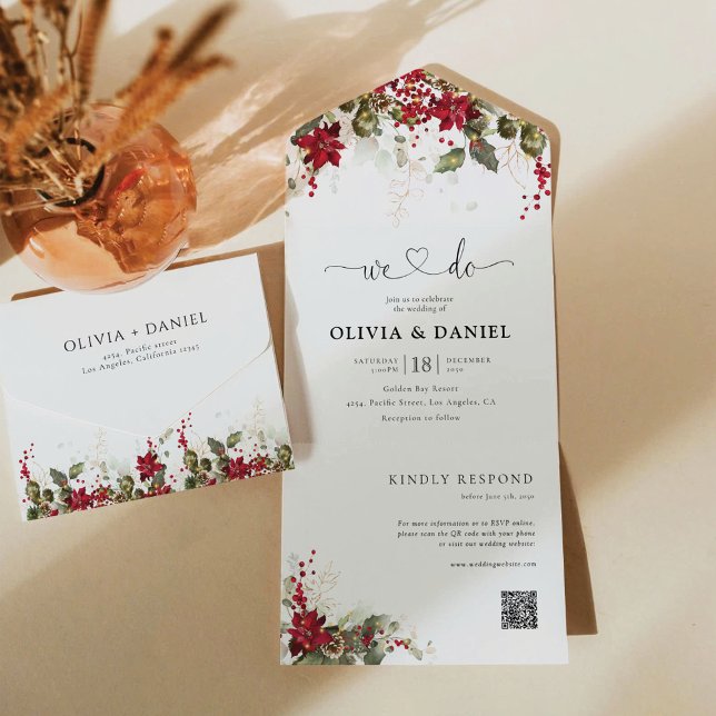 Christmas Red Poinsettia Wedding All In One Einladung (Von Creator hochgeladen)