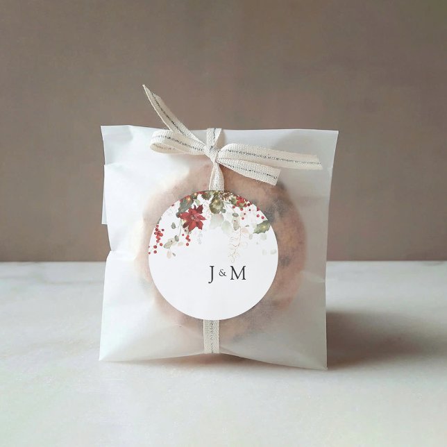 Christmas Red Poinsettia Wedding Runder Aufkleber (Von Creator hochgeladen)