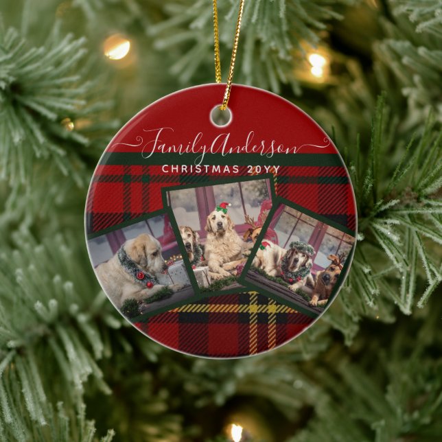 CHRISTMAS Red Tartan Foto Collage Keramik Ornament