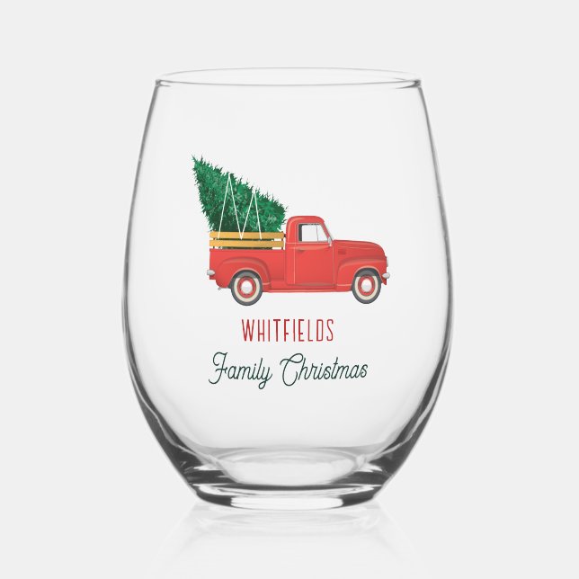 Christmas Red Truck Family Holiday Custom Weinglas Ohne Stiel (Vorderseite)