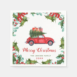 Christmas Red Truck Holly Berry Wreath Wasserfarbe Serviette
