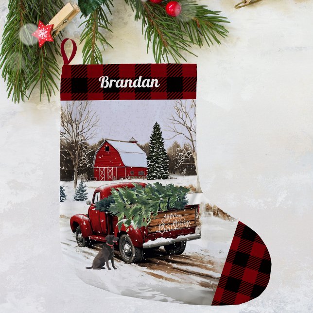 Christmas Red Truck Strumpf - Personalisiert Großer Weihnachtsstrumpf (Christmas red truck stocking)