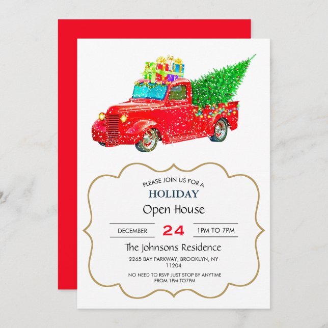 Christmas red truck with a Christmas tree and gift Einladung (Vorne/Hinten)